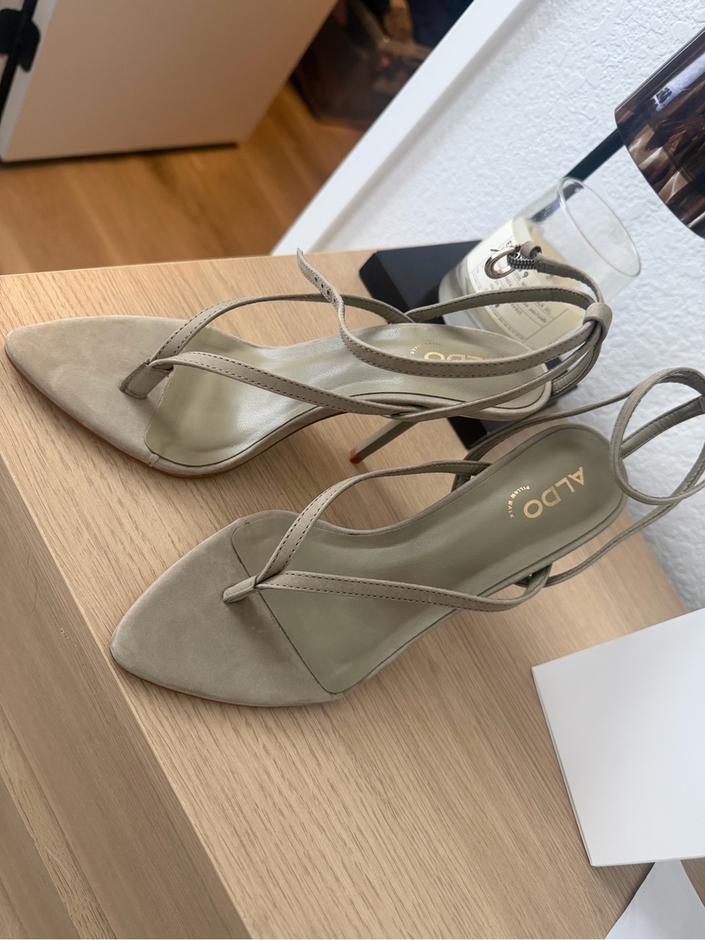 ALDO Taupe Strappy Suede Pointed-Toe Heels